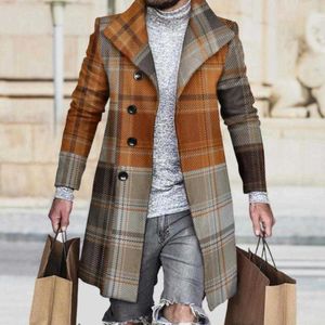 Men's Trench Coats Men's Trench Coats Autumn Winter Single Breasted Woolen Overcoat Plaid Print Male Long Thicken Windbreaker Fashion Causal Coat Outerwear MenEDHH