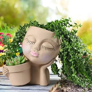 Vases Handheld Basket Girl Face Planter Resin Crafts Multi color Human for Indoor and Outdoor Plants with Drainage Hole 231205