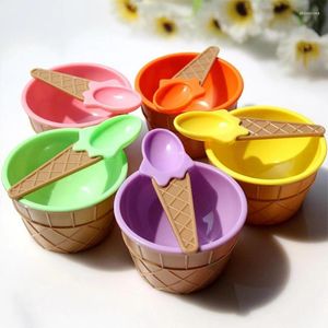 Bowls Creative Ice Cream Bowl Spoon Set Cute Children Kids Colorful Plastic Dessert Kitchen Tableware Supplies