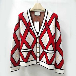 Malhas femininas outonoinverno estilo da academia britânica com decote em v cardigan jaqueta de lã grade de diamante marca na moda contrastante malha solta topo HSWF