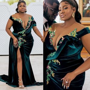 Hunter Green Aso Ebi Prom Dresses Illusion Velvet Sexy Front Split Colorful Rehinestones Evening Dresses with Detachable Train Birthday Party Gowns AM091