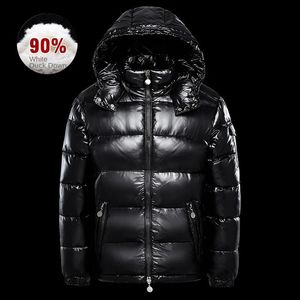 Men s Jackets 90 White Duck Down Jacket with Black Glossy Face for Men and Women Large Size Hood Thickened Bread 231206