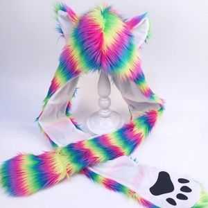 Beanie Skull Cap Rainbow Stripes Furry Animal Hoodie Hat Fluffy Plush Ears Paws 3 In 1 Earflap Cap Scarf Gloves Mittens Warmer 231205