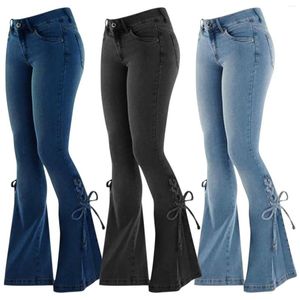 Pantaloni jeans da donna con lacci e fondo a zampa d'elefante, pantaloni in denim a vita media, elasticizzati, svasati, leggings