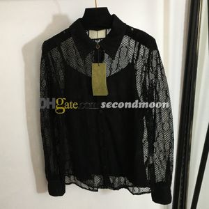 Women Sexy Lace Shirt Lapel Neck Mesh Tee Summer Long Sleeve Tees Woman Breathable Sling Top