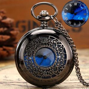 Pocket Watches Exquise Starry Blue Dial Pendant Bronze Hollow Case Quartz Pocket Watch Roman Numerals Retro Watches Souvenir Gift for Men WomenL231120