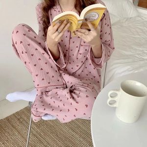 Women's Sleepwear Cotton Korean Pajama Autumn Cute Heart Print Pyjamas Long Sleeve Pijama Female Set Negligee Cardigan Suit 231206