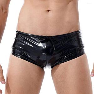 Underpants Men Sexy Leather Panties Wet Look Shiny Patent Swimming Trunks Male Low Rise Bulge Pouch Boxers Drawstring Boxer Shorts