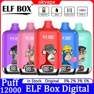 Puff 12k ELF BOX Digital 12000 Puffs Одноразовые электронные сигареты Электронные сигареты Vaper 25 мл Предварительно заполненный картридж 0,8 Ом Сетчатая катушка 500 мАч Аккумулятор Перезаряжаемая световая ручка RGB