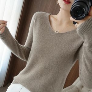 Kvinnors tröjor 100 Pure Wool Cashmere Sweater Women Vneck Pullover Autumn Winter Winter Casual Knit Topps Solid Color Regular Female Jacket 231206