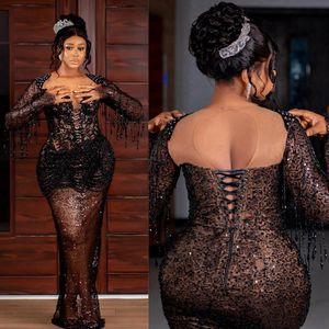 Black Aso Ebi Evening Dresses Long Sleeves Lace Beading Backless Illusion Prom Dress Birthday Party Gowns for Black Girls Second Reception Gala Sparkling Gown ST610