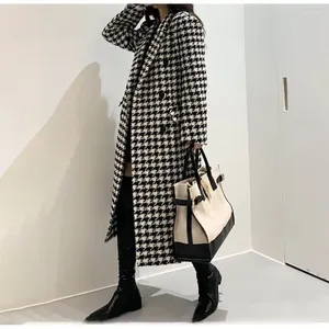 Casacos de trincheira femininos andorinha cinto xadrez casaco para mulheres outono inverno casaco de lã moda coreana longas verificações e mantas jaqueta vintage