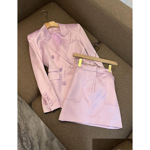 Vestido de duas peças 2023 cor rosa / verde dois conjuntos de vestido de peça manga comprida lapela entalhada blazers top cintura alta curto sk dhvf0