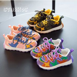 Tênis marca design estrela remendo crianças 2023 primavera chunky tênis menina roxo camurça esporte sapatos meninos exército verde malha formadores 231206