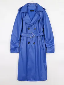 Lautaro couro feminino primavera outono longo falso trench coat para mulher cinto duplo breasted luxo elegante moda 2023