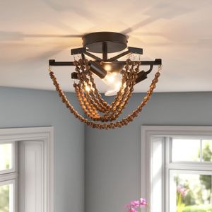 Luz de teto embutida com contas de madeira Bohemia Mini lustre rústico antigo para quarto, berçário, quarto de menina, corredor, entrada, passagem, sala de jantar, 3 luzes