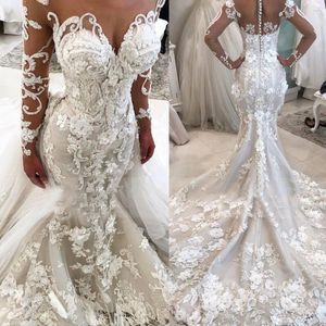 Plus Size Arabic Aso Ebi Long Sleeve Luxurious Beaded Crystals Wedding Dresses High Neck Mermaid Bridal Dresses Sheer Neck Wedding Gowns YD