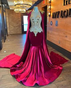 Luxury Red Prom Dress Mermaid With Cape 2024 Rhinestone Velvet Mermaid Party Gowns Afrcian Evening Dress Gala Outfit