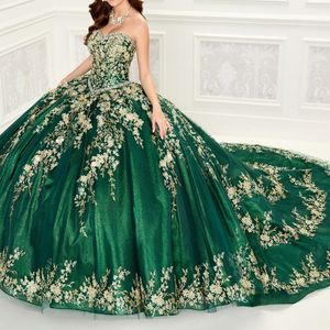 Grüne glänzende Quinceanera-Kleider 2024, formale Luxus-Party, Perlenstickerei, Spitzenapplikationen, süßes 15-Kleid, Abschlussball, Gwon-Abschlussballkleider