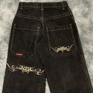 Damen Jeans JNCO Y2K Hip Hop Retro Grafik bestickte Baggy schwarze Hose Männer Frauen Harajuku Gothic hohe Taille weite Hose 231206