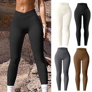 Active Pants Solid Color Yoga Ribbed Leggings For Women High Waist Athletic Workout Sports Exercise Wear Indoor Outdoor