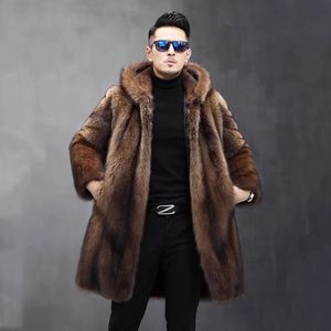 Men's Fur Faux long fur coat winter warm mink hooded jacket loose casual windbreaker 231205