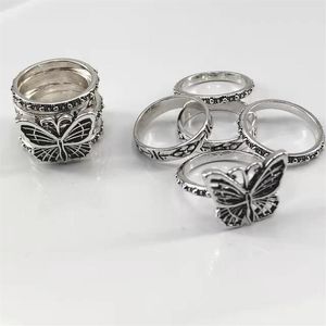 Cluster Rings 5 Pieces set Of Retro Fashion Hip-hop Ring Set Butterfly Multi-layer Couple Trend Personality Female Size 5#-10#302E