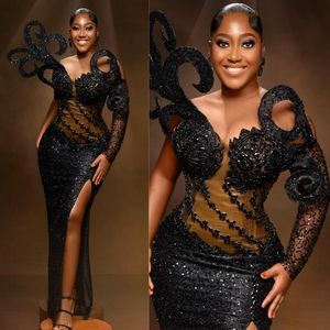 Black Aso Ebi Evening Dresses Mermaid Illusion Prom Dress Appliqued Lace Formal Causal Gowns One Shoulder Sleeves Engagement Birthday Party Gala African Gown AM096