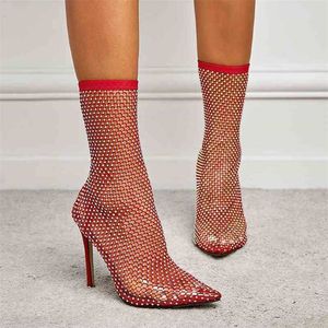 Boots Sexy Black Thin Heel Pointed End Fun Hollowed Out Mesh Fishing Net Socks Women High Heels Short Large 220901