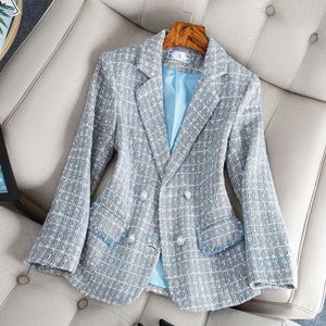 Womens Suits Blazers Spring Autumn Women Jacket Doublebreasted Lattice Tweed Woolen Coats Female Casual Thick Outerwear Ladies Suit 3XL 231206