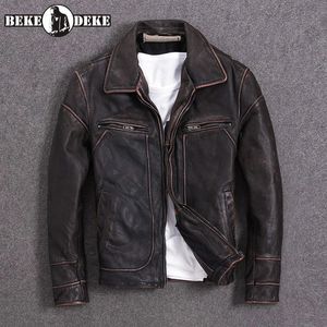 Мужские куртки, винтажные красно-коричневые мужские кожаные куртки в американском повседневном стиле, 5XL, осеннее пальто из натуральной воловьей кожи, байкерское 231205