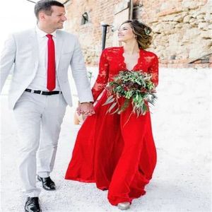 Fada boho vestido de noiva vermelho 2024 sexy decote em v renda manga longa chiffon vestido de noiva elegante boêmio jardim vestido de noiva outono fazenda destino estilo country mariage