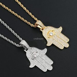 Diamond Fatima Eye Ręczka Naszyjnik Zestaw biżuterii Bling Cubic Zirkonia Hip Hop 18k Złote Wisiant Naszyjniki Kobiety mężczyźni stal nierdzewna Cha289m