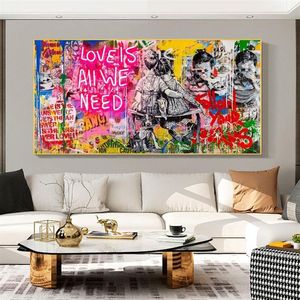 Banksy Art „Love Is All We Need“ Ölgemälde auf Leinwand, Graffiti-Wall-Street-Kunst, Poster und Drucke, dekoratives Bild, Heimdekoration, 300 m