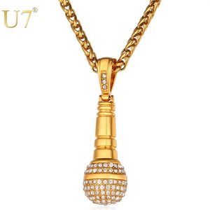 U7 Ice Out Chain Necklace Microphone Pendant Men Women Stainless Steel Gold Color Rhinestone Friend Jewelry Hip Hop P1018 210251S