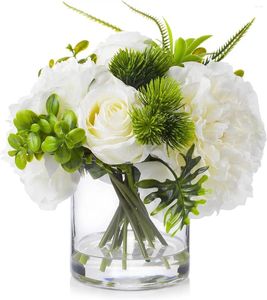 Decorative Flowers Artificial Rose In Vase Mixed Fake White And Silk Peonies With Faux Water For Dining Table Centerpieces