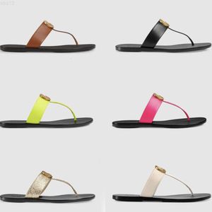 Top Luxury Designer Slides Flip-flops Leather thong sandal with Double Metal Black White Brown slippers Summer Beach Sandals with BOX US11 NO6