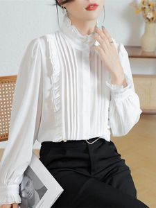 Kvinnor BLOUSES Kvinnor Skjortor 2024 Spring Long Sleeve Stand-up Collar Button Up Shirt Office Ladies Ruffles Single Breasted Tops