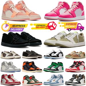 Box Jumpman 1 High Basketball Shoes 1S 중간 소프트 핑크 골프 올리브 로스트 리버스 리버스 모카 블랙 팬텀 자란 특허 남성 여성 운동화 야외 스포츠 트레이너