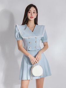 Vestido de duas peças coreano elegante moda ol pequena fragrância 2 peça define mulheres roupa renda borda colheita top saia define verão dois ternos de peça 231205