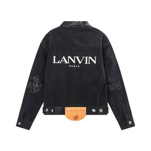 Tasarımcı Lanvins Lanvin Langfan Moda Markası 23 Baskılı Deri Yakalı Uzun Kollu Denim Ceket Hem Erkekler ve Kadınlar İçin