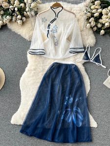 작업 드레스 Singreiny Vintage Mesh Transparent Skirt 정장 여성 긴 슬리브 탑 미디 란제리 에로틱 한 깎아 지른 섹시한 여자 쉬폰 세트