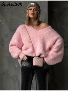 Kvinnors tröjor rosa mohair överdimensionerade kvinnor stickade pullover elegant långärmad v hals söt tröja höst vinter kausal lös dam stickkläder 231206