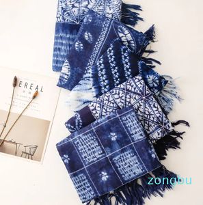 New Ethnic Style Tie Dyed Blue and White Porcelain Series Cotton and Hemp Scarves Forest Women's Travel Shawl Art Accessories