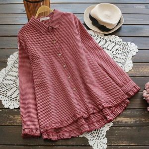 Blusas femininas houndstooth bainha babados turn-down colarinho manga longa boneca camisa topo 2023 mori menina