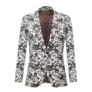 Mäns kostymer blazers mäns svart mode jacka bröllop brudgummen scen sångare prom slim fit blazers svart vit tryckt kostym jacka rock 231206