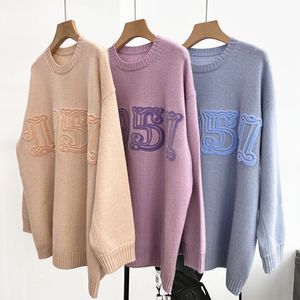 2024 Blue/Purple/Pink Pullovers Designer O Neck Long Sleeves Letter Applique Women Sweaters Wool Cashmere Milan Runway Sweaters Womens 12083