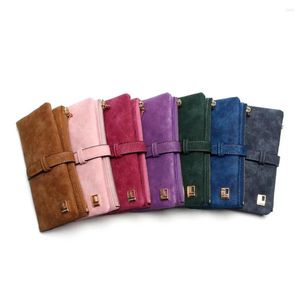 Wallets Fashion Women Drawstring Nubuck Leather Zipper Long Design Purse Two Fold More Color Clutch Card Pack