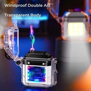 Windproof Transparent Double Arc Lighter Outdoor Waterproof with COB Lighting Lamp Type-C Charging Power Display Igniter