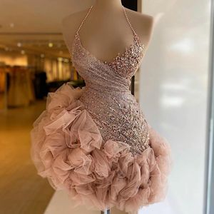 Dammiga rosa ruffles korta cocktailklänningar mini prom klänning pärlor halter spets paljetter fest kläder junior brudtärna klänningar
